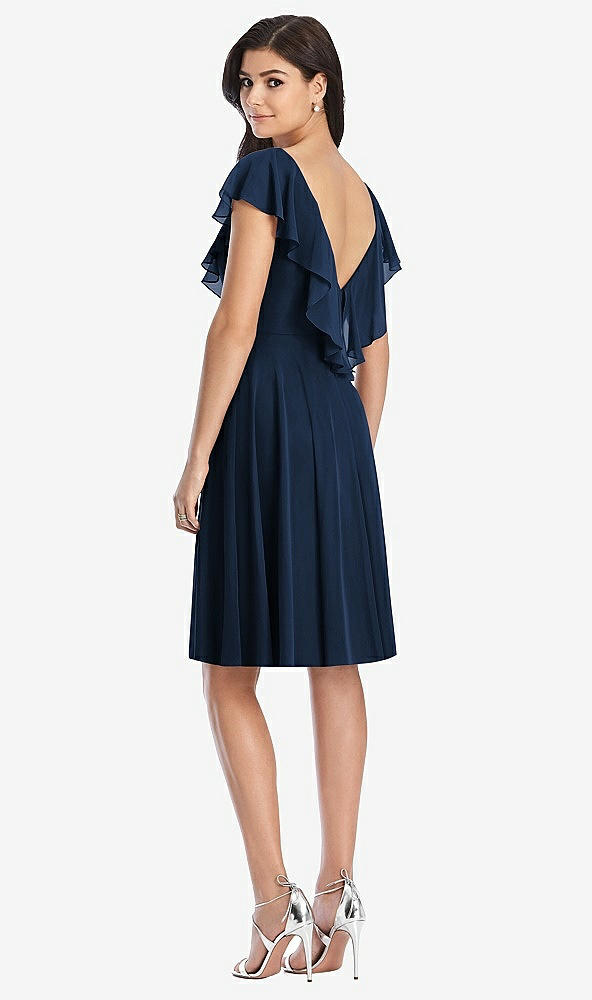 Back View - Midnight Navy Midi Natural Waist Ruffled VNeck Dress