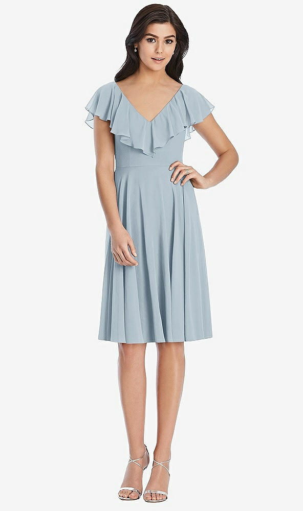 Front View - Mist Midi Natural Waist Ruffled VNeck Dress