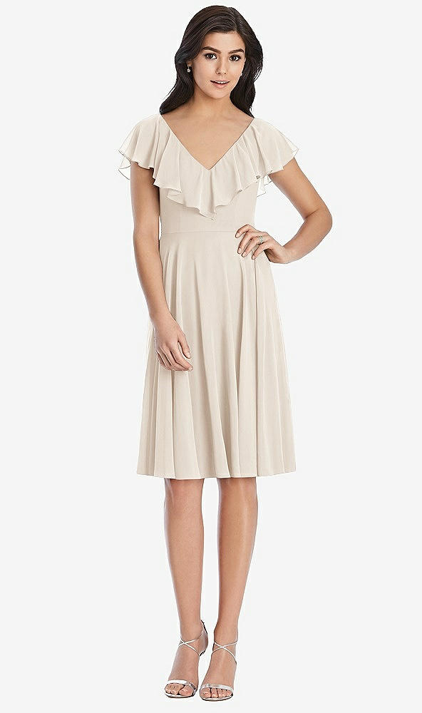 Front View - Oat Midi Natural Waist Ruffled VNeck Dress