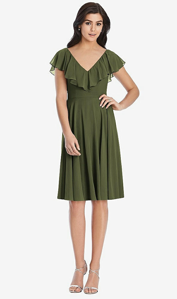 Front View - Olive Green Midi Natural Waist Ruffled VNeck Dress