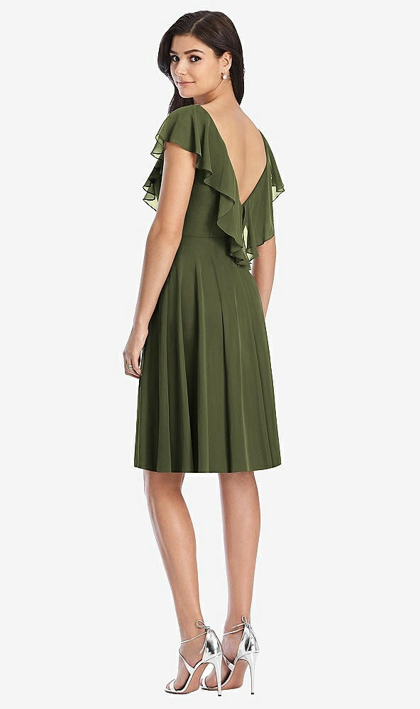 Back View - Olive Green Midi Natural Waist Ruffled VNeck Dress