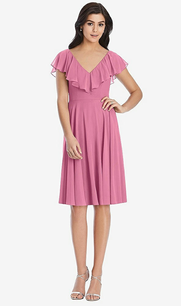 Front View - Orchid Pink Midi Natural Waist Ruffled VNeck Dress