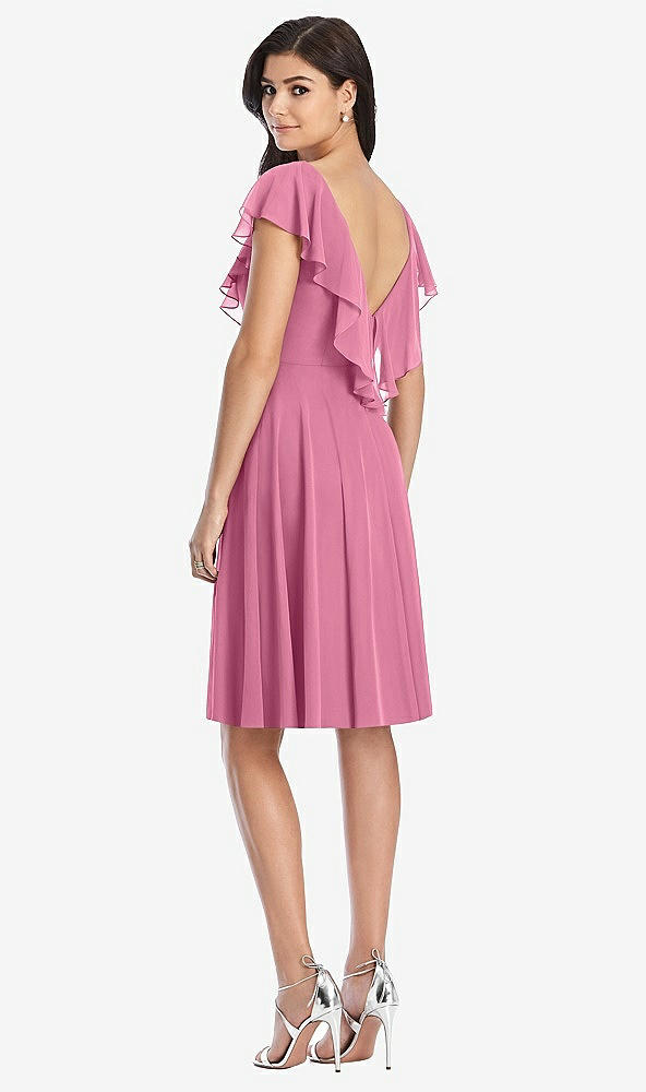 Back View - Orchid Pink Midi Natural Waist Ruffled VNeck Dress