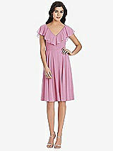 Front View Thumbnail - Powder Pink Midi Natural Waist Ruffled VNeck Dress