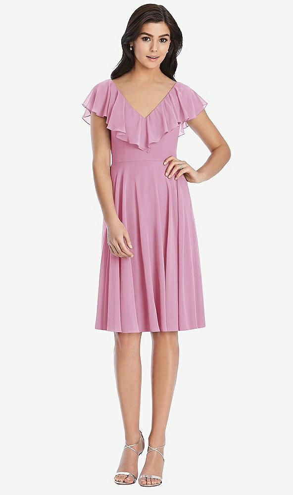 Front View - Powder Pink Midi Natural Waist Ruffled VNeck Dress