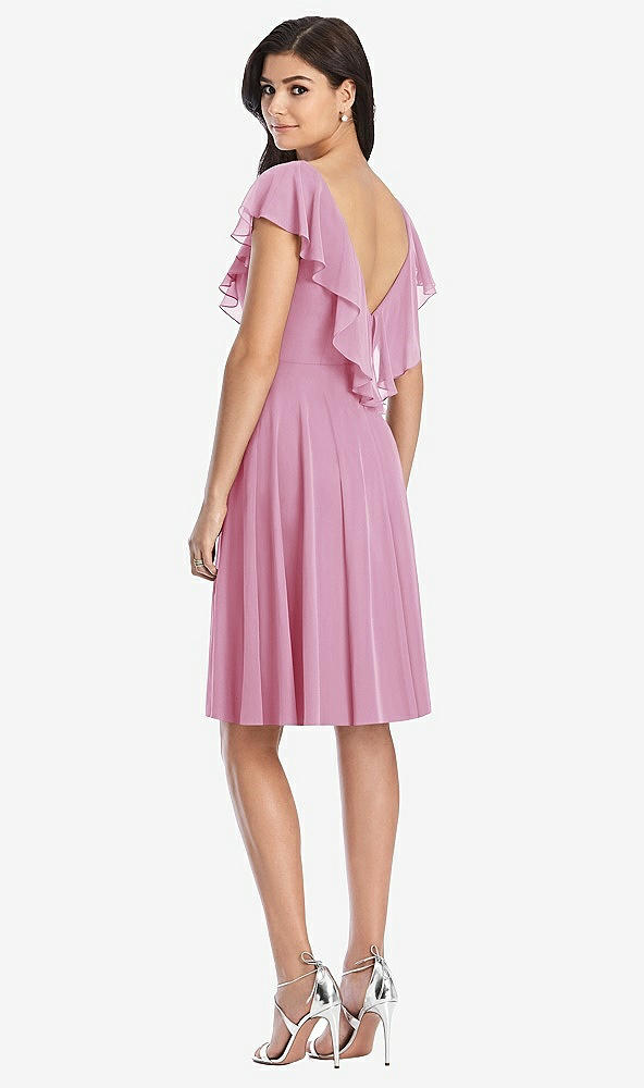 Back View - Powder Pink Midi Natural Waist Ruffled VNeck Dress