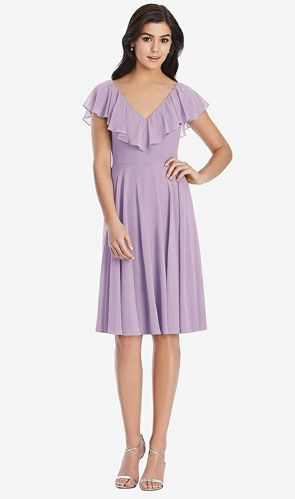 Front View - Pale Purple Midi Natural Waist Ruffled VNeck Dress