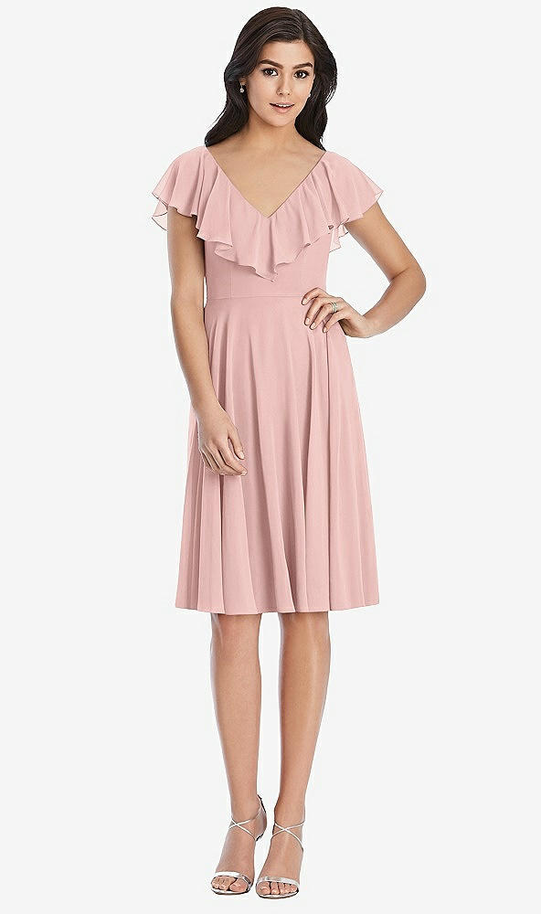 Front View - Rose Midi Natural Waist Ruffled VNeck Dress