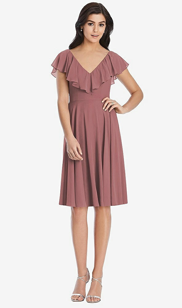 Front View - Rosewood Midi Natural Waist Ruffled VNeck Dress