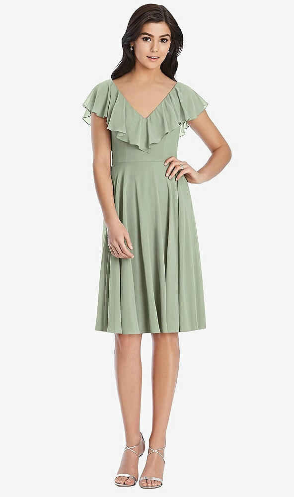 Front View - Sage Midi Natural Waist Ruffled VNeck Dress