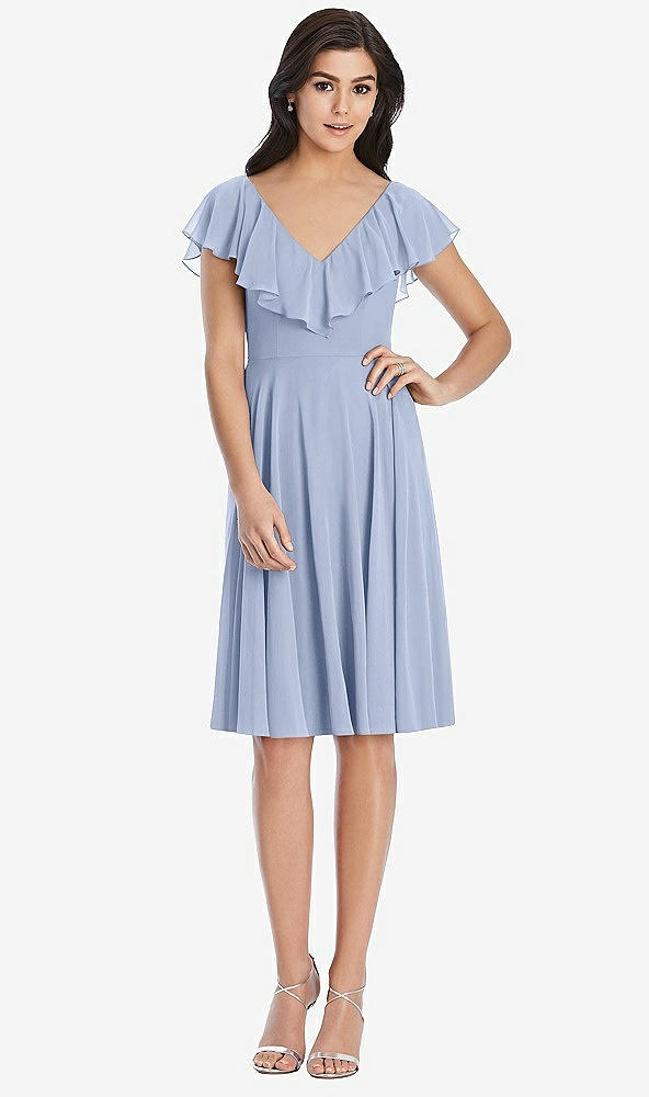 Front View - Sky Blue Midi Natural Waist Ruffled VNeck Dress