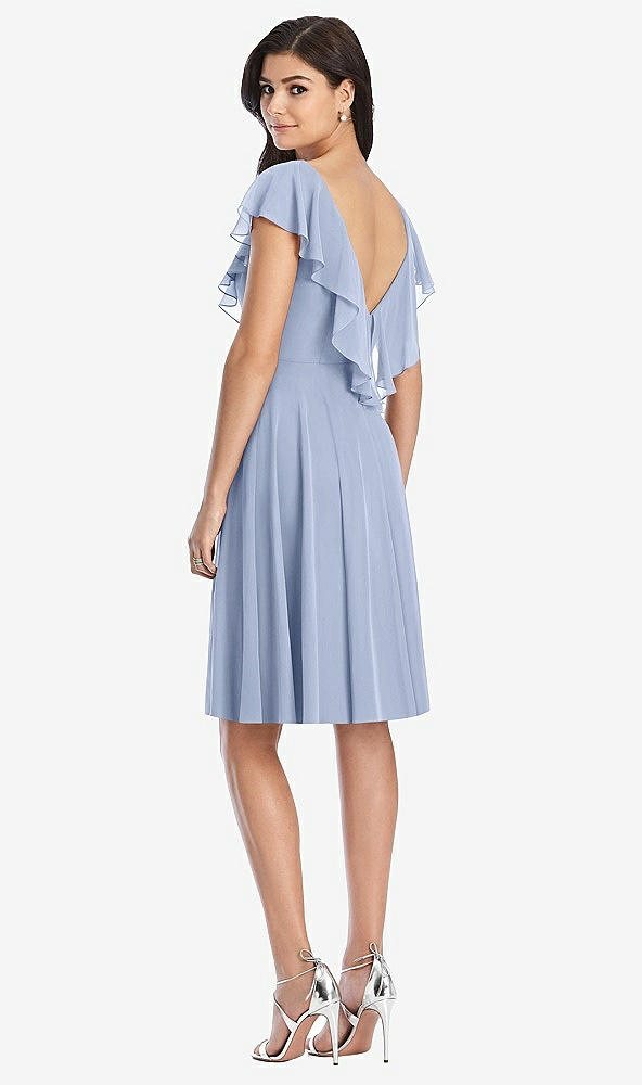 Back View - Sky Blue Midi Natural Waist Ruffled VNeck Dress