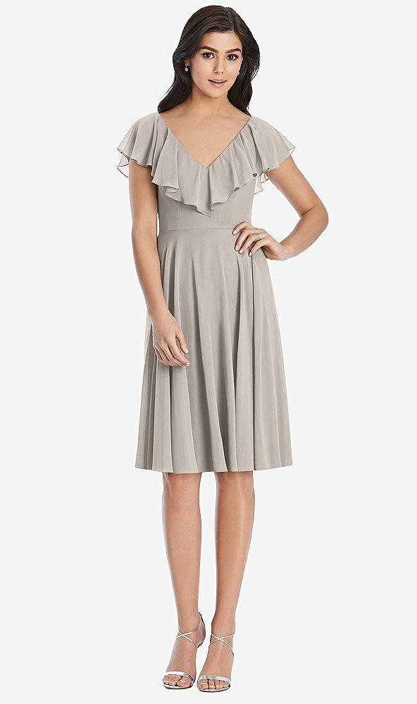 Front View - Taupe Midi Natural Waist Ruffled VNeck Dress