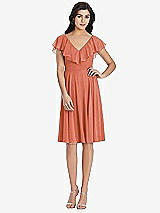 Front View Thumbnail - Terracotta Copper Midi Natural Waist Ruffled VNeck Dress