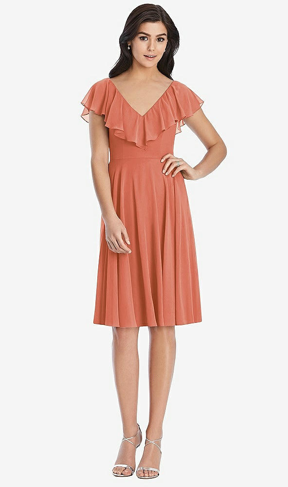 Front View - Terracotta Copper Midi Natural Waist Ruffled VNeck Dress