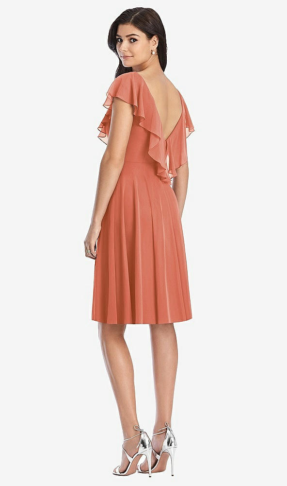 Back View - Terracotta Copper Midi Natural Waist Ruffled VNeck Dress