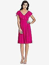 Front View Thumbnail - Think Pink Midi Natural Waist Ruffled VNeck Dress