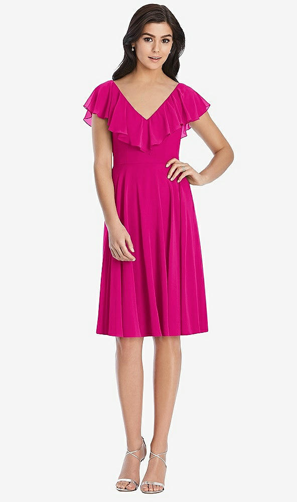 Front View - Think Pink Midi Natural Waist Ruffled VNeck Dress