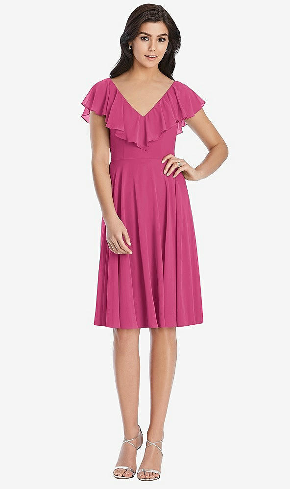 Front View - Tea Rose Midi Natural Waist Ruffled VNeck Dress