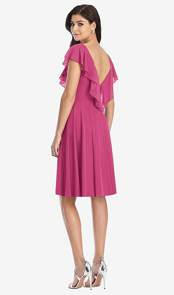 Back View - Tea Rose Midi Natural Waist Ruffled VNeck Dress