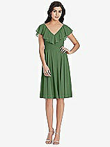 Front View Thumbnail - Vineyard Green Midi Natural Waist Ruffled VNeck Dress