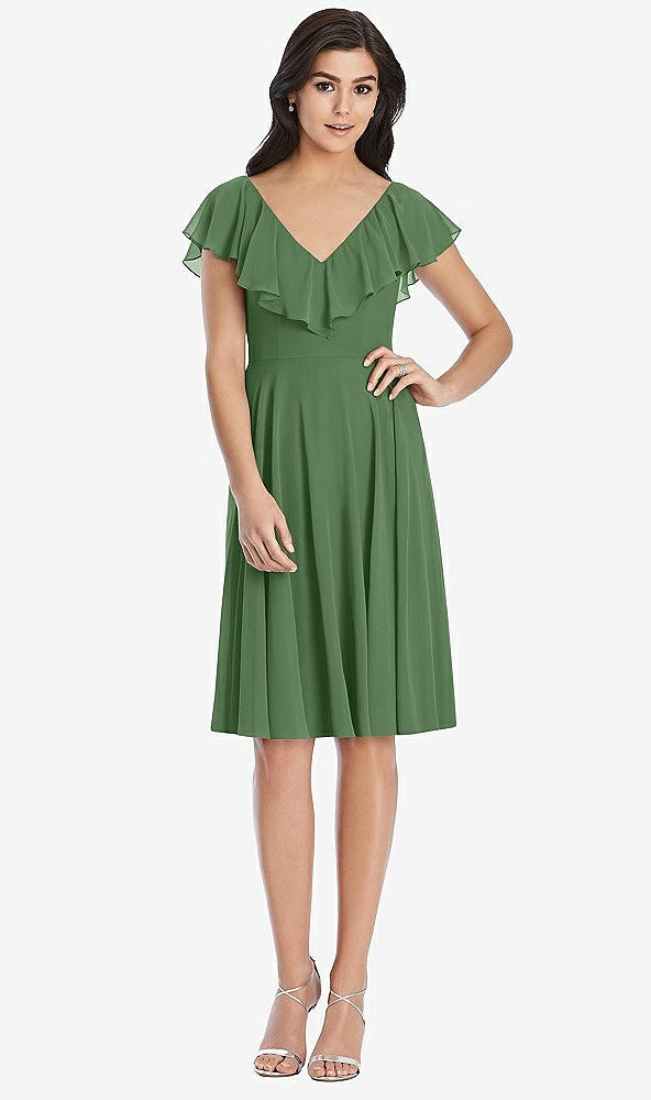 Front View - Vineyard Green Midi Natural Waist Ruffled VNeck Dress