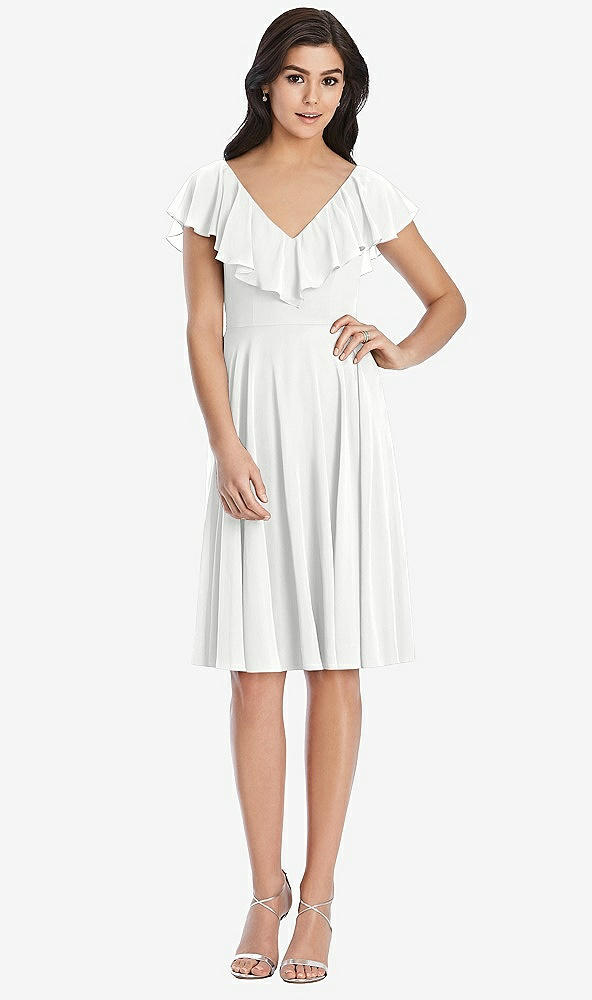 Front View - White Midi Natural Waist Ruffled VNeck Dress