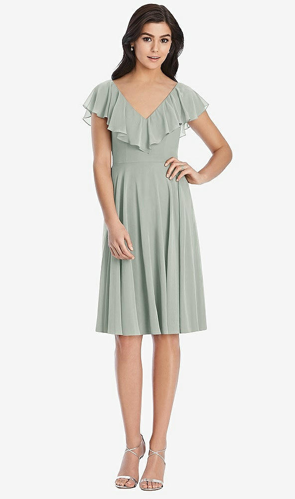 Front View - Willow Green Midi Natural Waist Ruffled VNeck Dress