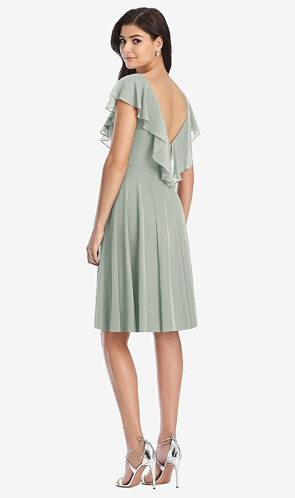 Back View - Willow Green Midi Natural Waist Ruffled VNeck Dress