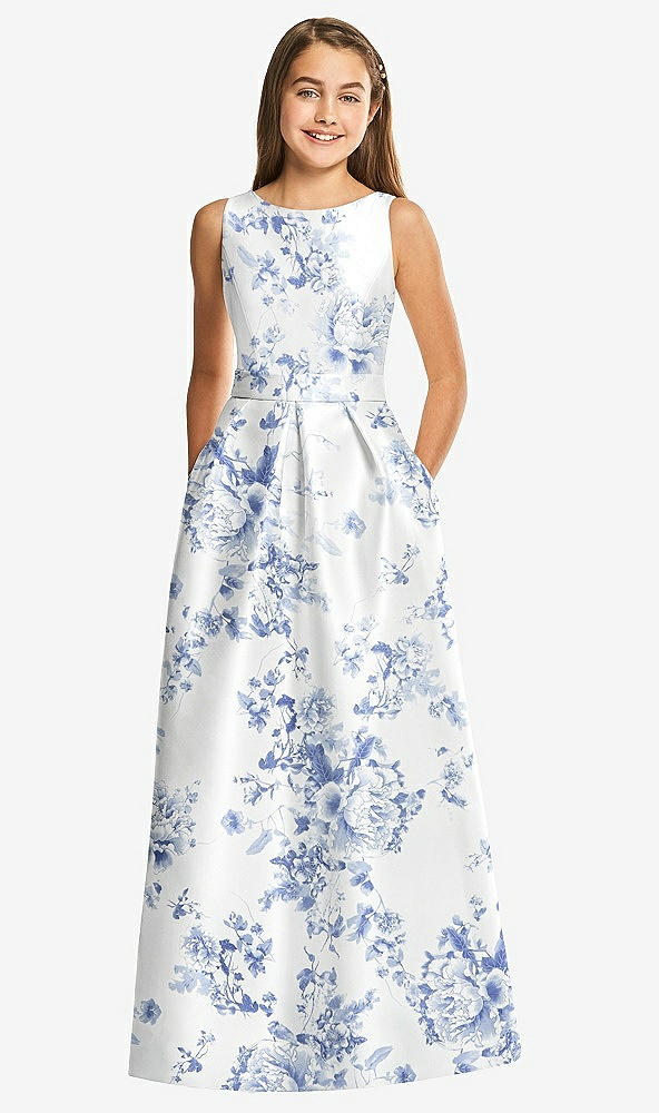 Front View - Cottage Rose Larkspur Floral Bateau Neck Maxi Junior Bridesmaid Dress with Pockets