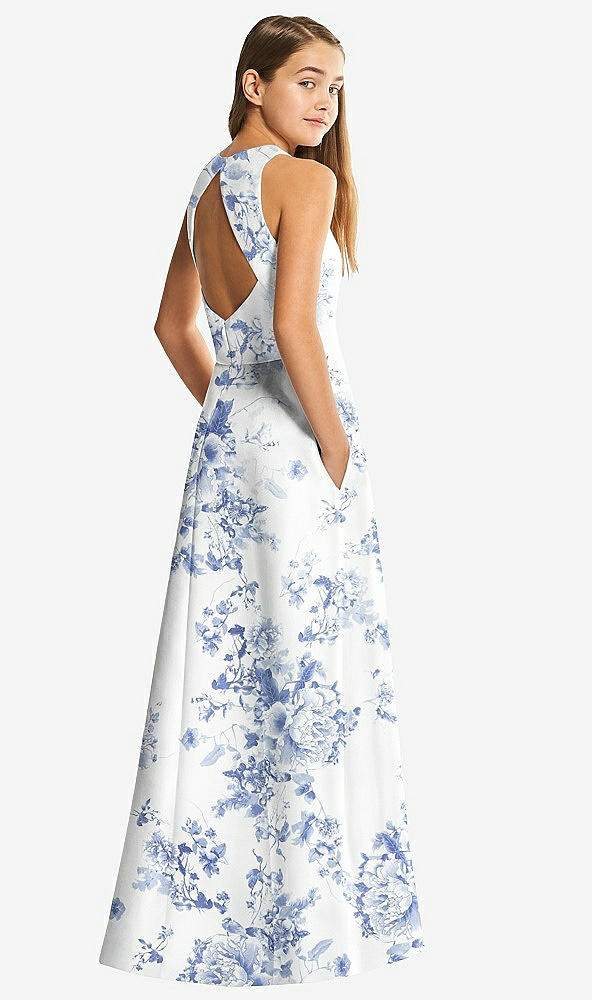 Back View - Cottage Rose Larkspur Floral Sleeveless Open-Back Satin Junior Bridesmaid Dress