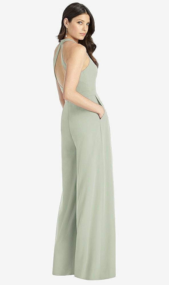 Back View - Celadon V-Neck Backless Pleated Front Jumpsuit