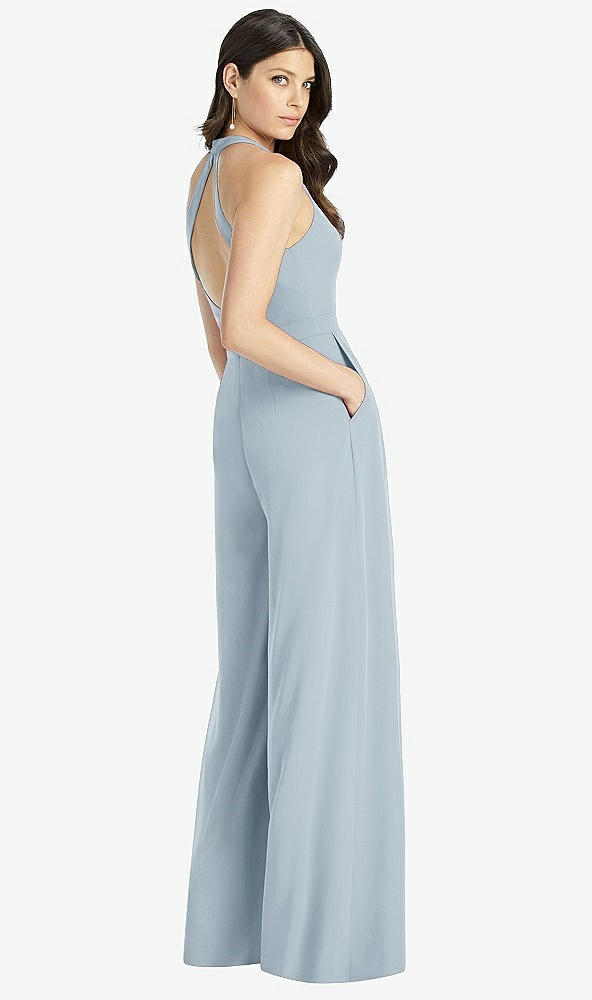 Back View - Mist V-Neck Backless Pleated Front Jumpsuit