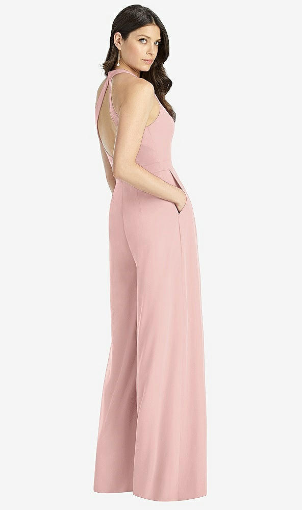 Back View - Rose V-Neck Backless Pleated Front Jumpsuit