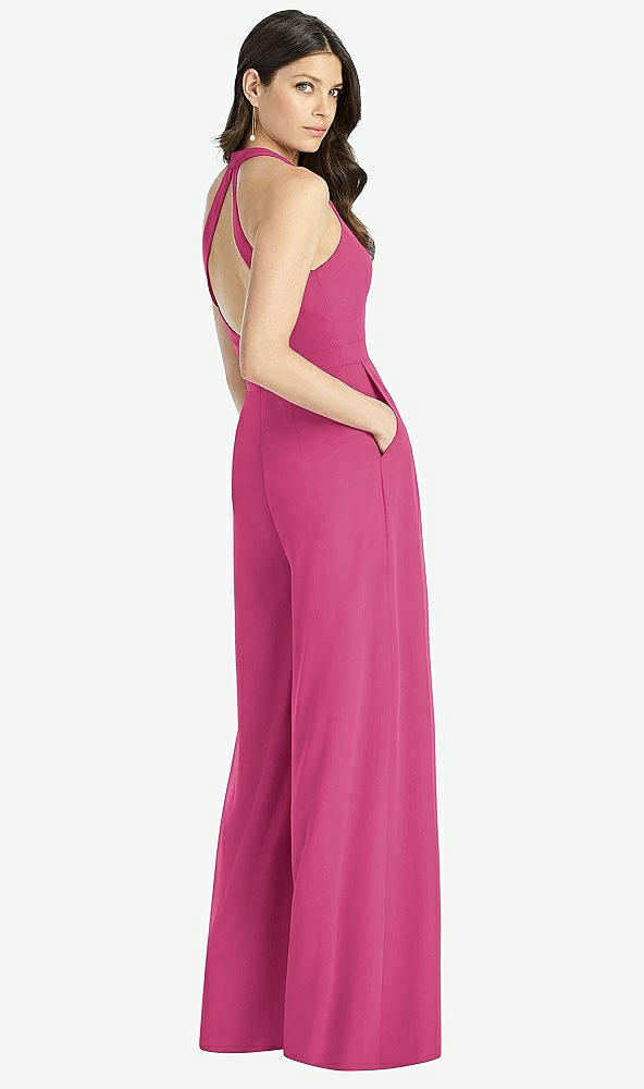 Back View - Tea Rose V-Neck Backless Pleated Front Jumpsuit