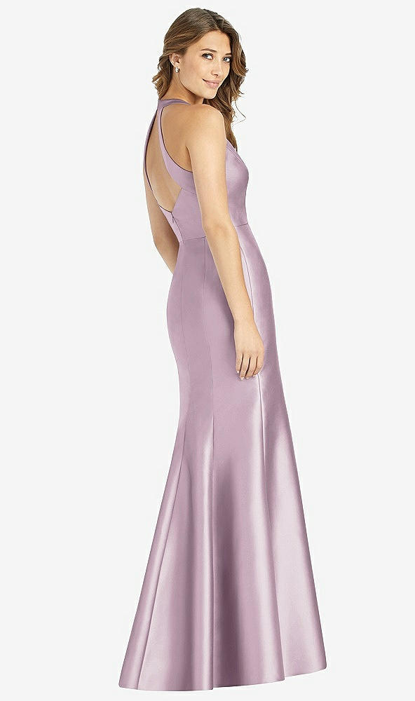 Back View - Suede Rose V-Neck Halter Satin Trumpet Gown