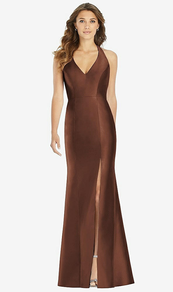 Front View - Cognac V-Neck Halter Satin Trumpet Gown