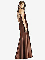 Rear View Thumbnail - Cognac V-Neck Halter Satin Trumpet Gown