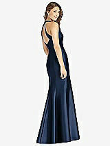 Rear View Thumbnail - Midnight Navy V-Neck Halter Satin Trumpet Gown