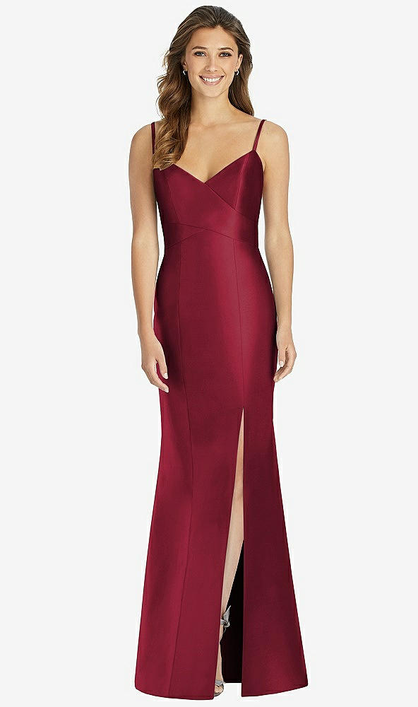 Front View - Burgundy Maxi Length Spaghetti Strap Mermaid Dress