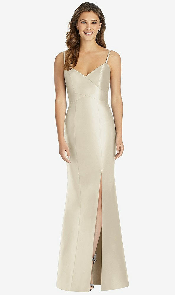 Front View - Champagne Maxi Length Spaghetti Strap Mermaid Dress