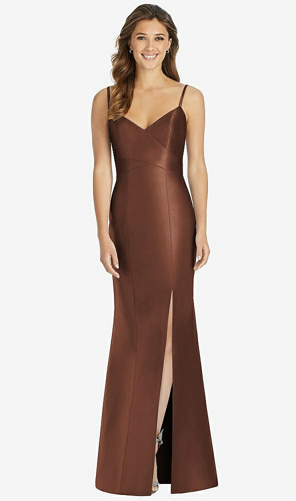 Front View - Cognac Maxi Length Spaghetti Strap Mermaid Dress