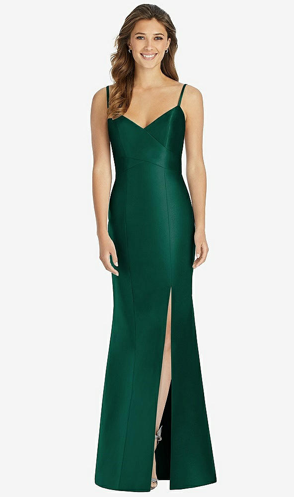 Front View - Hunter Green Maxi Length Spaghetti Strap Mermaid Dress