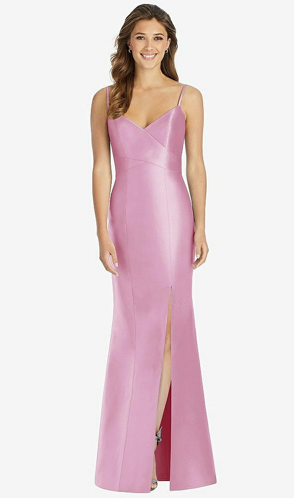 Front View - Powder Pink Maxi Length Spaghetti Strap Mermaid Dress