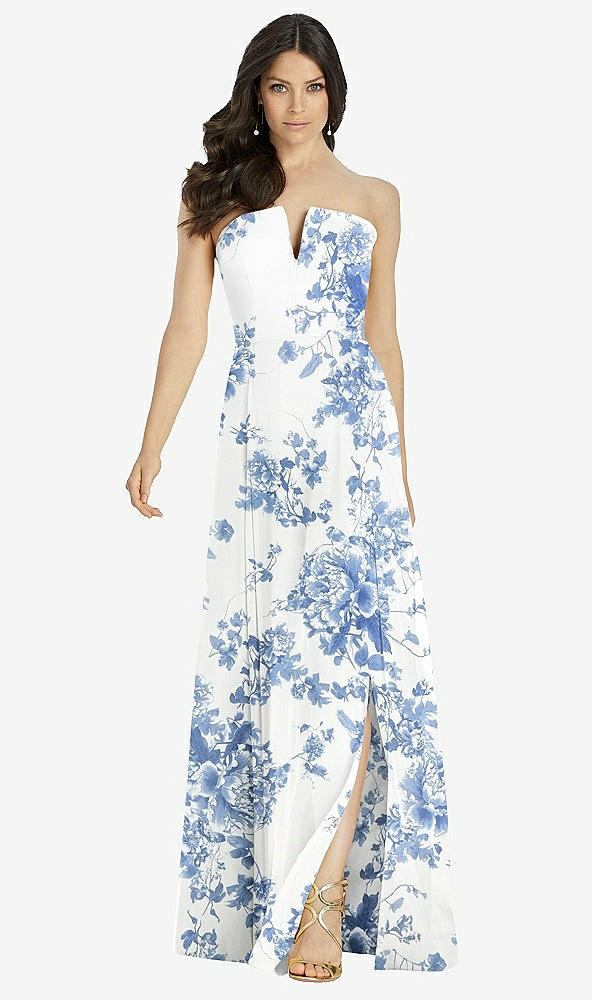 Front View - Cottage Rose Dusk Blue Strapless Notch Chiffon Maxi Dress