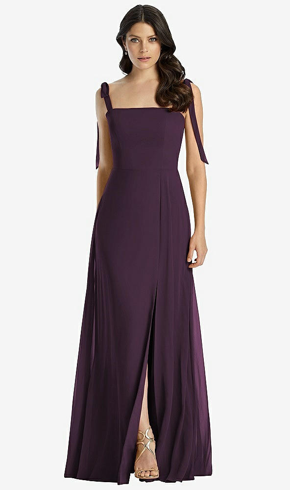 Front View - Aubergine Tie-Shoulder Chiffon Maxi Dress with Front Slit