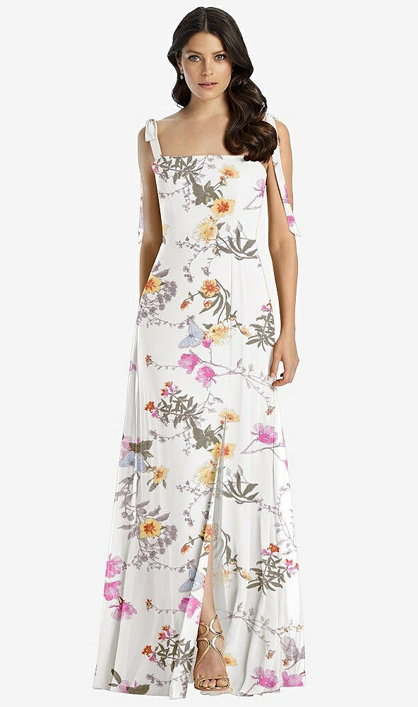 Front View - Butterfly Botanica Ivory Tie-Shoulder Chiffon Maxi Dress with Front Slit