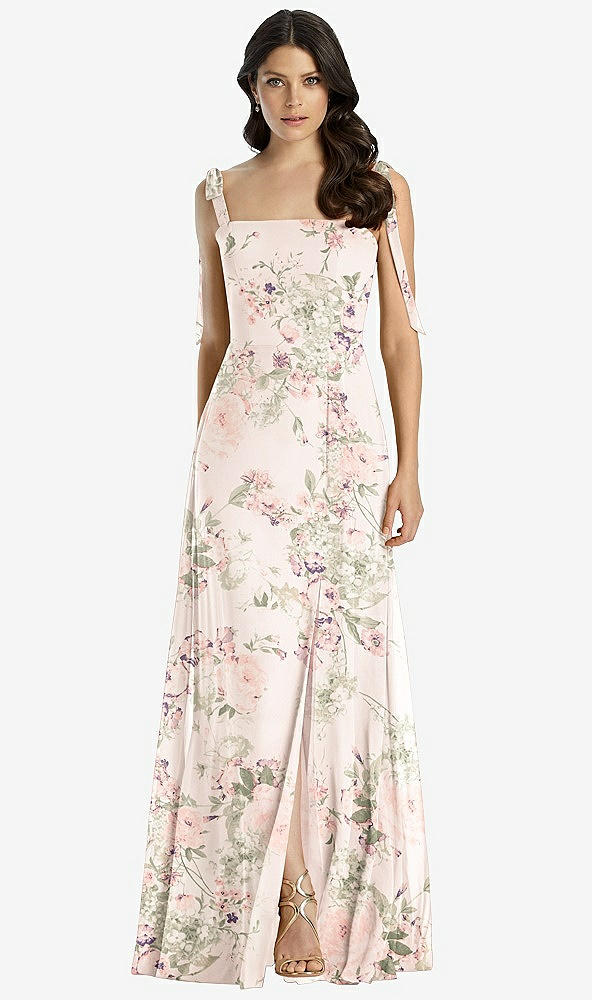 Front View - Blush Garden Tie-Shoulder Chiffon Maxi Dress with Front Slit