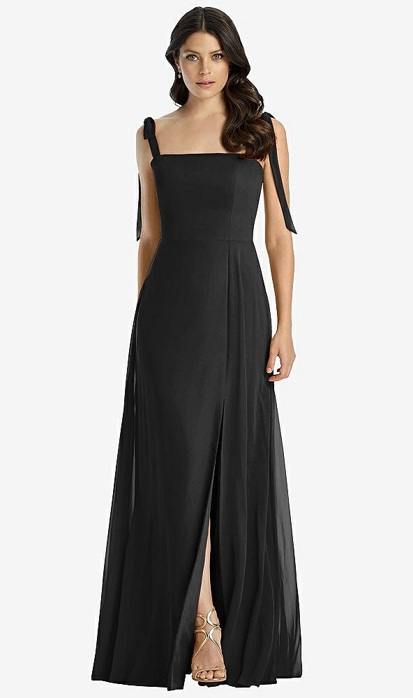 Front View - Black Tie-Shoulder Chiffon Maxi Dress with Front Slit