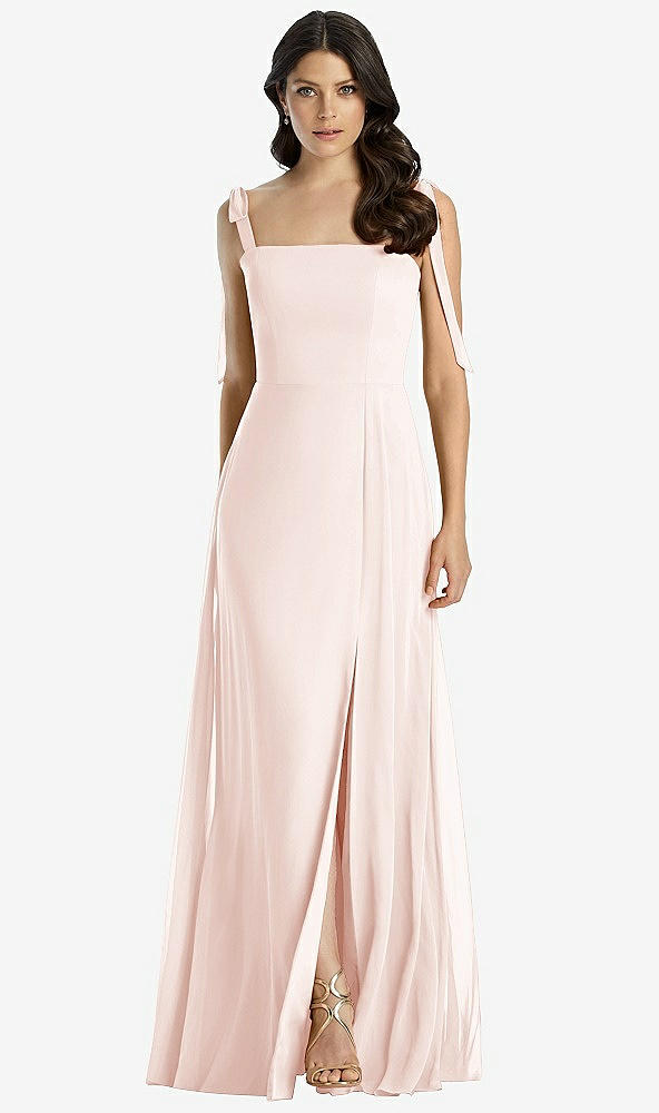 Front View - Blush Tie-Shoulder Chiffon Maxi Dress with Front Slit